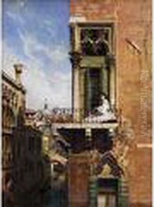 Junge Frau Auf Dem Balkon Eines Gotischen Palazzo In Venedig Junge Frau Auf Dem Balkon Eines Gotischen Palazzo In Venedig