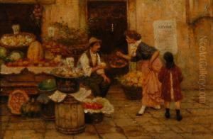 "il Fruttivendolo" Olio Su Tavoletta Firmato In Basso A Destra