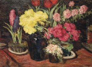 Still Life With Hyacinths, Tulips, Hollyhocks And Peonies by Leonid Ossipovich Pasternak