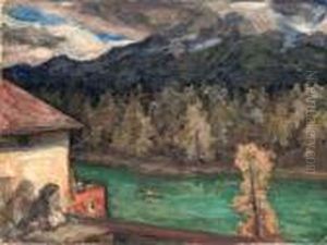 View On The Badersee, The 
Artist's Wife Rosalia And Elder Daughter Josephine On A Veranda