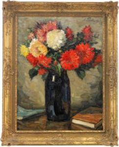 Still Life With A Blue Vase Of Dahlias