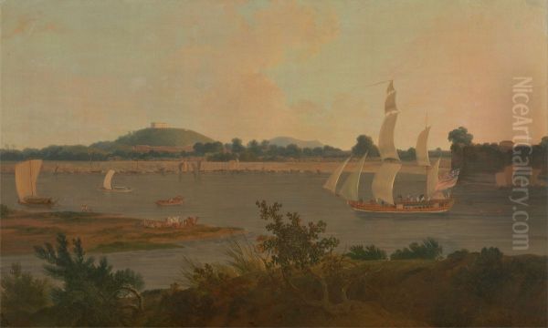 Pinnace Sailing Down the Ganges past Monghyr Fort - view 1