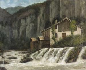 Landschaft Mit Anwesen Bei Einem Wasserfall. by Cherubino Pata