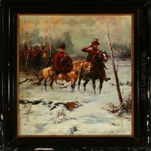 Soldiers Onhorsebacks Are Watching Over The Hungarian Plain On A Winter Day