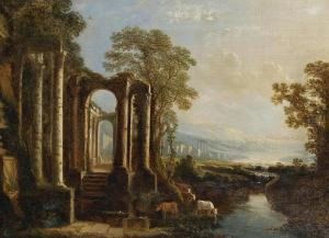 An Italianate Landscape, With Cattle Wateringnear Classical Ruins