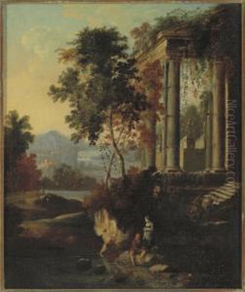 A Woman And A Man Fishing By A Classical Ruin, An Extensive Landscape Beyond - view 1