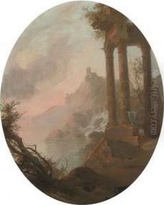 A Rocky River Landscape With Figures Beneath A Classical Ruin A Rocky River Landscape With Figures Beneath A Classical Ruin