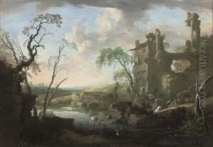 An Italianate Landscape With Drovers And Their Herd By Ariver by Pierre-Antoine Patel
