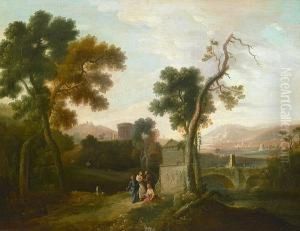 A Classical Landscape With Figures By Amonument On A Path In The Foreground