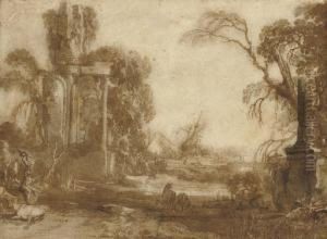 A Capriccio With Livestock And Peasants Among Ruins, A Shipwreck Seen Beyond by Pierre-Antoine Patel
