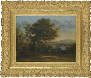 A Classical Landsacpe With A 
Fortified Town To The Left And A Shepherd Driving His Flock Over Bridge