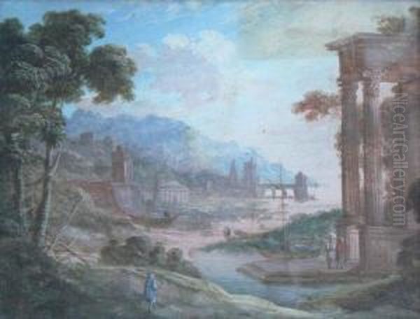 Paire De Gouaches Xviiieme
Representant Des Scenes Animees Pres Des Ruines, Signes, Au Dos Un
Numero Manuscrit : 1685, 23,5 X 17,5 Cm - view 1