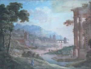 Paire De Gouaches Xviiieme 
Representant Des Scenes Animees Pres Des Ruines, Signes, Au Dos Un 
Numero Manuscrit : 1685, 23,5 X 17,5 Cm