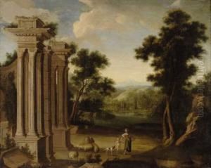 Attr. A, Bergere Et Troupeau Pres D'un Portique En Ruine, Dans Unpaysage Lacustre by Pierre-Antoine Patel