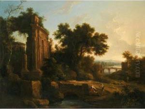 An Italianate Landscape With Classical Ruins And Figures Conversing By A Bridge by Pierre-Antoine Patel