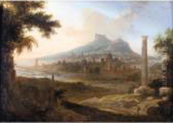 Extensive Classical Landscape, With Figures In The Foreground And A Port Beyond - view 1
