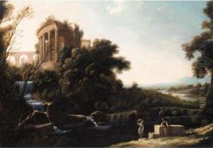 A River Landscape With Figures 
Resting Beneath A Capriccio View Of The Temple Of Vesta At Tivoli