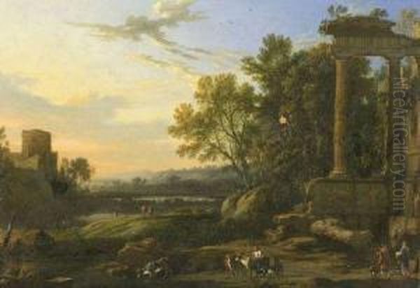 Figures And Livestock In A Pastoral Landscape With Ruins - view 1