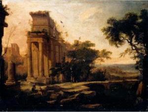 A Classical Landscape With Ruins And Figures In The Foreground by Pierre-Antoine Patel