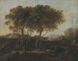 A Classical Wooded Landscape With A Goatherd And His Flock