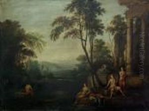 An Arcadian Landscape With Maidens Resting Before A Temple Ruin by Pierre-Antoine Patel