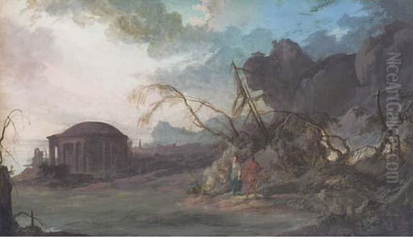 A Classical Temple By The Sea With Two Figures In Theforeground - view 1