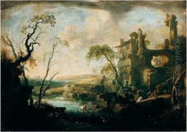 An Italianate Landscape, With Cows And Figures By A Pool - view 1