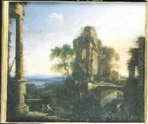 Le Jeune . Paysage Imaginaire De Ruines De Temples Antiques Anime De Personnages. Toile - view 1