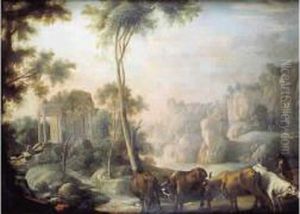 Berger Avec Son Troupeau Dans Un Paysage De Ruines. by Pierre-Antoine Patel