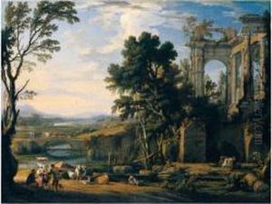 A Classical Landscape With 
Drovers And Animals Resting On The Banks Of A River Before A Set Of 
Ruins, Animals And Figures Crossing A Bridge Beyond