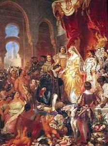 The Reception of Christopher Columbus 1450-1506 by Ferdinand II 1452-1516 of Aragon and Isabella 1451-1504 of Castille by Eugene Francois Marie Joseph Deveria