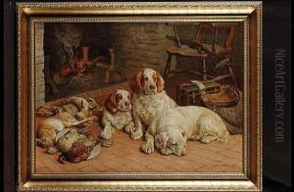 Clumber Spaniels By A Fire - view 1
