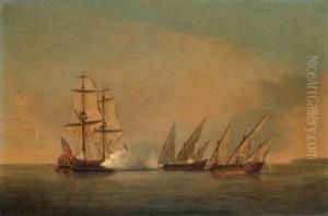 An English Privateer In Action With Two Armed French Galleys In The Mediterranean by Richard Paton