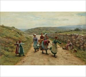 Bretonne Children Playing On A Village Road