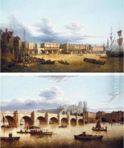 A View Of Westminster Bridge
With The Lord Mayor's Barge In The Foreground And Westminster Abbey
Beyond; And A View Of London Bridge by John Paul