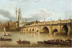 A View Of Old London Bridge Looking Towards Monumentand The Church Of St Magnus by John Paul