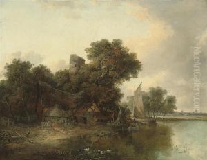 A Cottage And Ruined Tower Beside A River, A Windmill Beyond by Joseph Paul