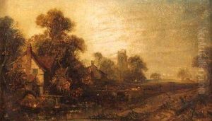 East Anglian River Landscape With Figures By A Bridge