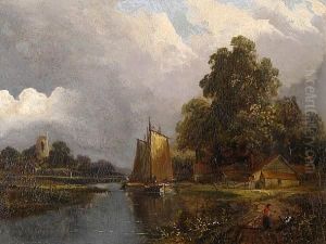River Scene With Sailing Boat And Figures On The Bank by Joseph Paul