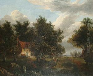 Wooded Country Landscape With House And Figures In The Foreground by Joseph Paul