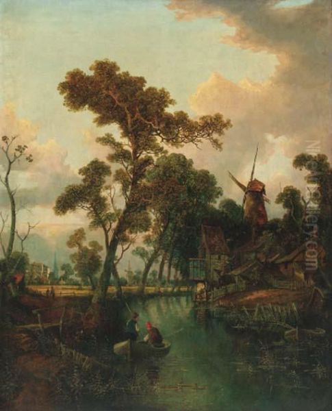 Figures In A Boat Before A Windmill - view 1