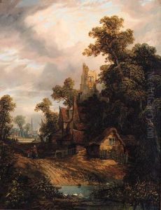 Figures Before A Church With Ducks On A River, A Town Beyond