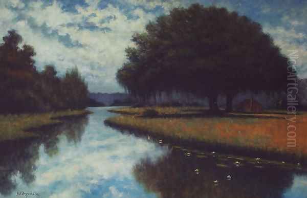Cypress and oak Bayou with farmhouse - view 1
