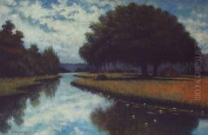 Cypress and oak Bayou with farmhouse by Alexander John Drysdale