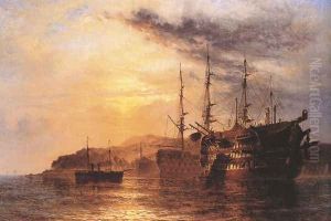 A Three Deck laying by a Hulk with a Steamship heading to shore off the Devonshire coast by Henry Thomas Dawson