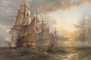 A Squadron of Danish warships moored off the entrance to Portsmouth harbour, with the masts of shipping in the harbour in the distance by Henry Thomas Dawson
