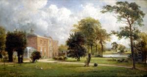 The Manor House, Barrow On Trent, A Summer River Landscape With Formal Gardens, Signed