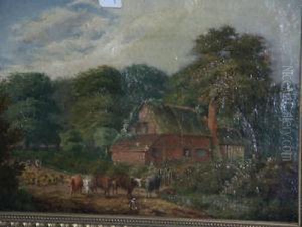Rural Scene With Cottage, Cows, Sheep And Shepherd - view 1