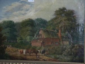 Rural Scene With Cottage, Cows, Sheep And Shepherd by David Payne