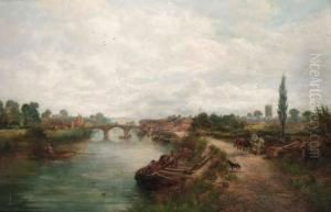 Figures On A Tow Path With A Town Beyond